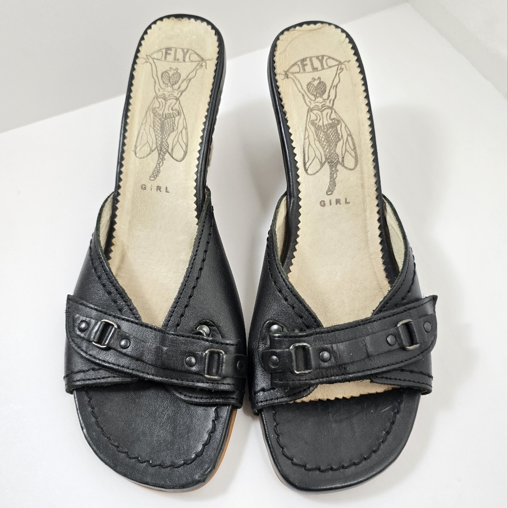Fly London Gril  Black Wedge slip-on mules Dress Shoes size 39